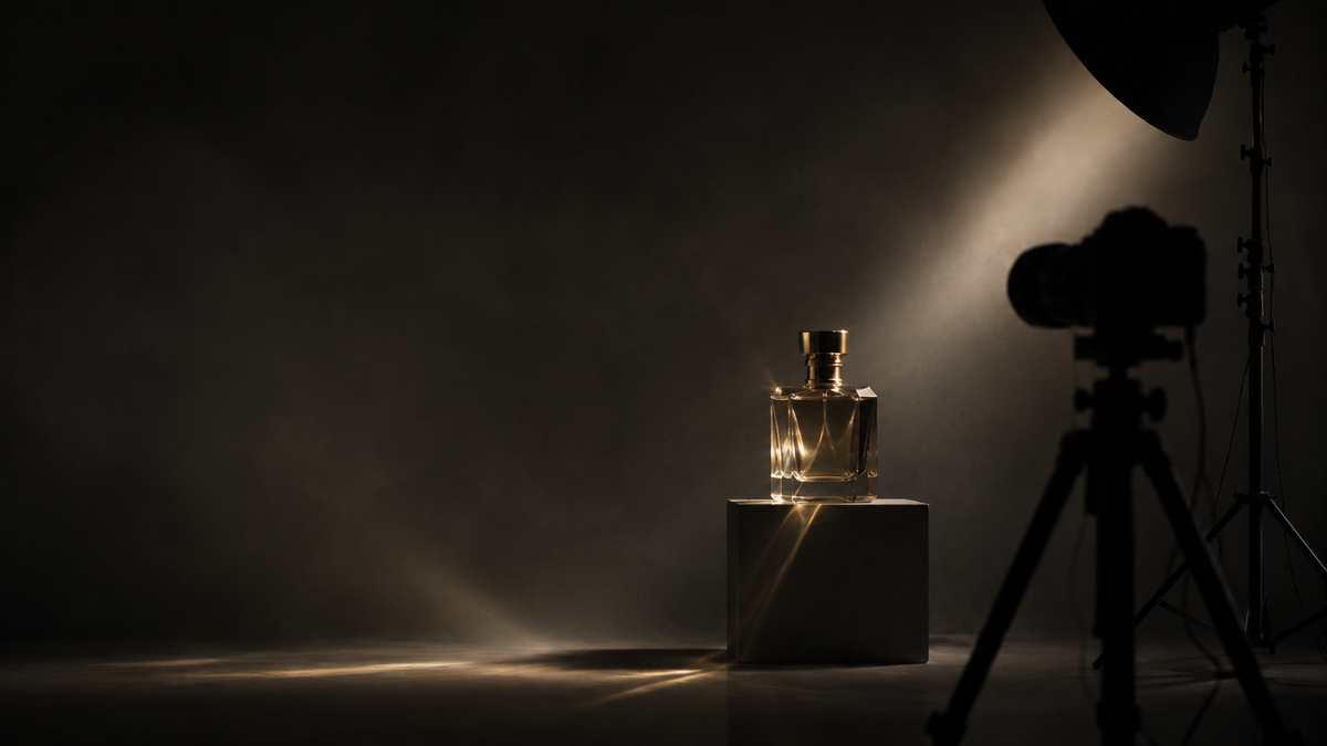 Perfume bottle photographed on a plinth during a dramatic studio product photography shoot.